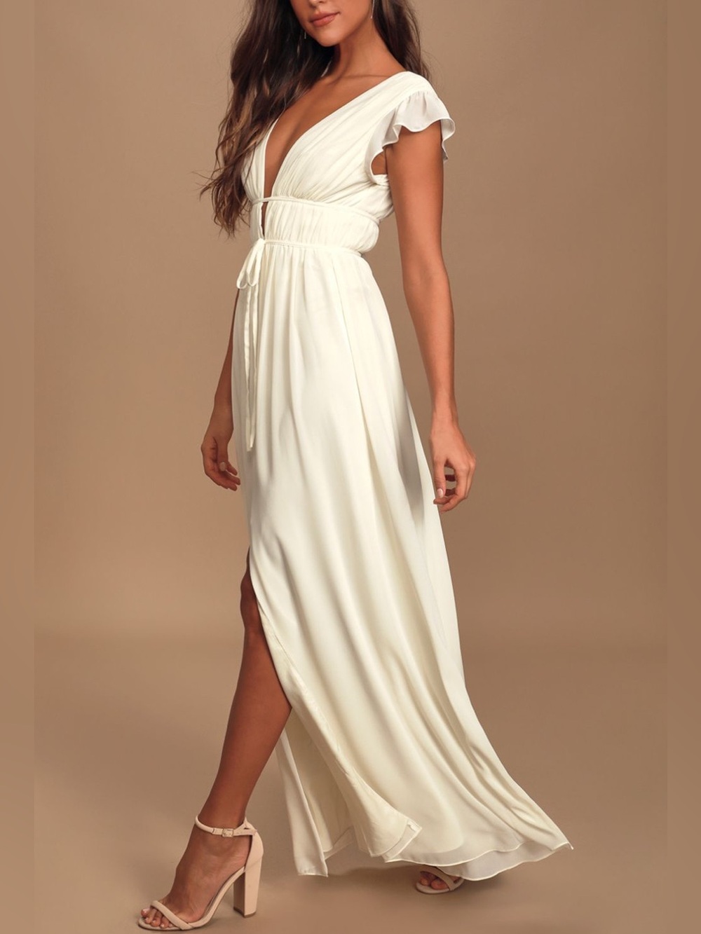 Lulus White Deep V Flutter Sleeve Maxi Dress Boho